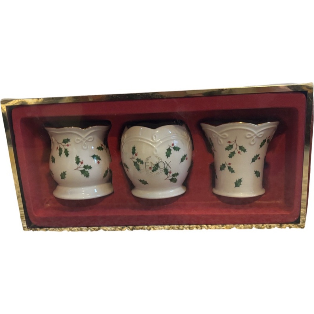 Lenox Christmas China Set of 3 Votive Candle Holders in Holly Design